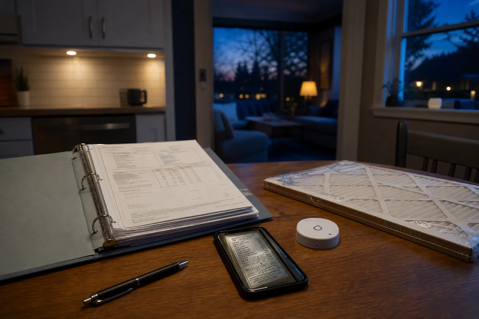 A kitchen table with an open household folder of equipment invoices and warranty documents, a furnace nameplate photograph on a phone screen, a small leak se...