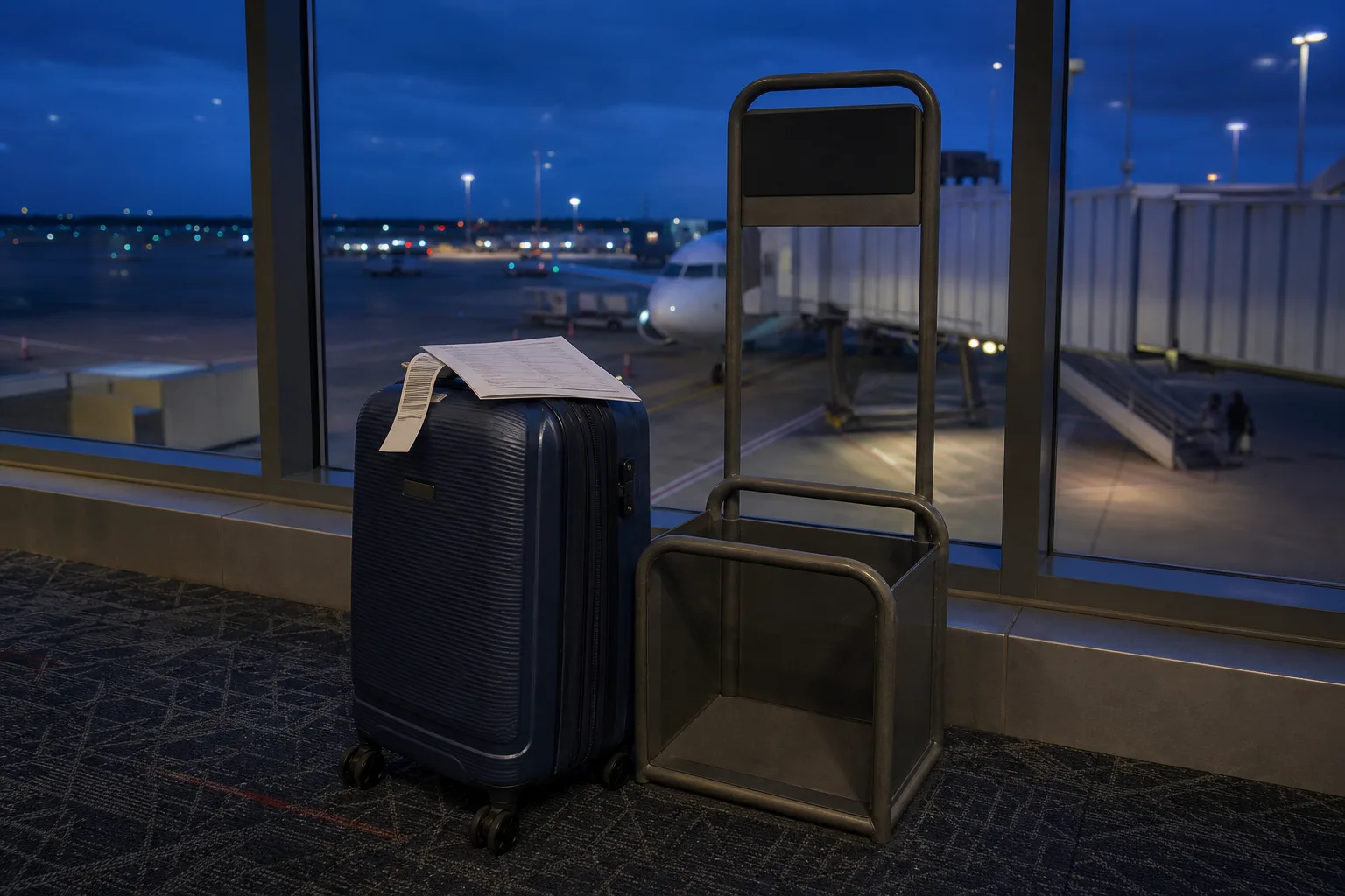 A suitcase standing beside an airline carry-on sizer frame at an airport gate, with a luggage tag and a printed booking confirmation resting on top