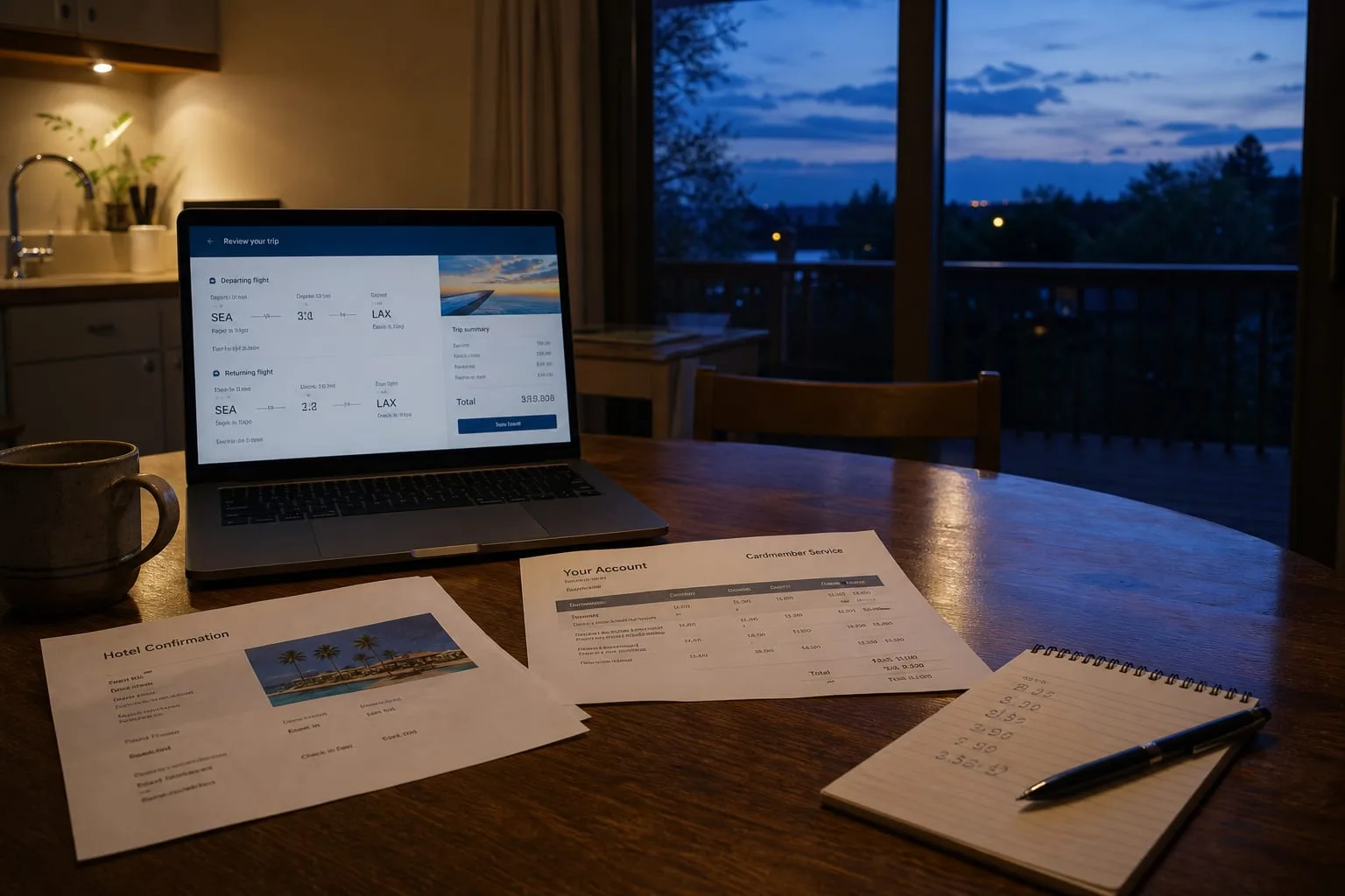A kitchen table with an open laptop showing a flight booking page, a printed hotel confirmation, a credit card statement, and a handwritten list of numbers o...