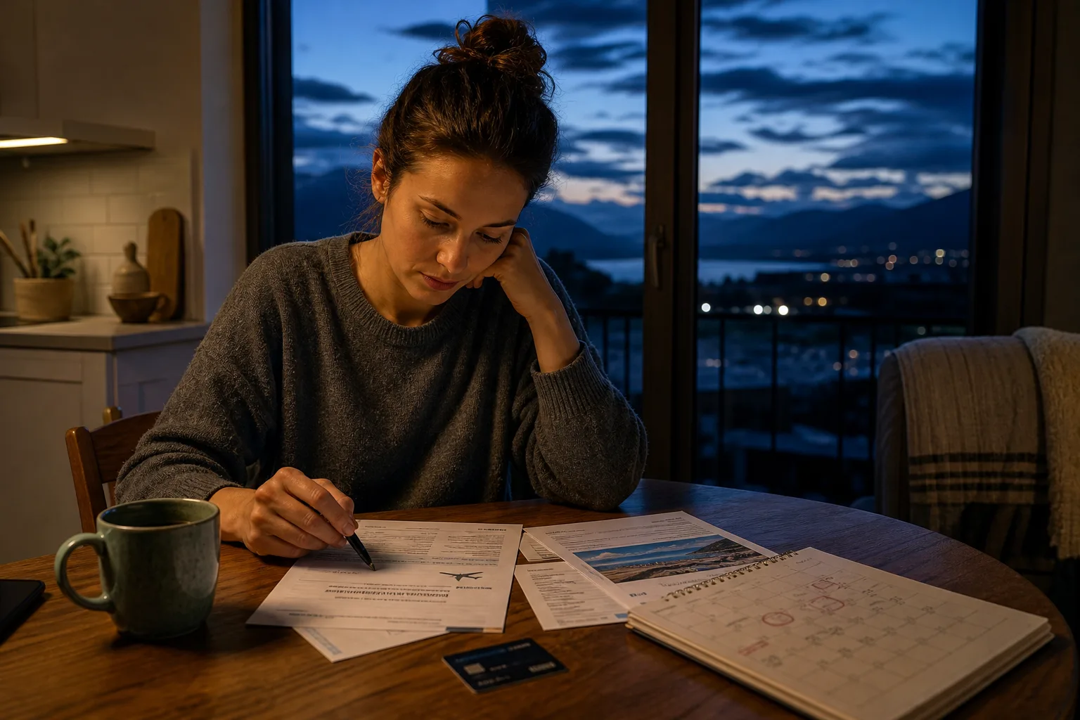 A traveler at a kitchen table with a printed flight confirmation, a hotel booking, a credit card and a calendar marked with deadlines