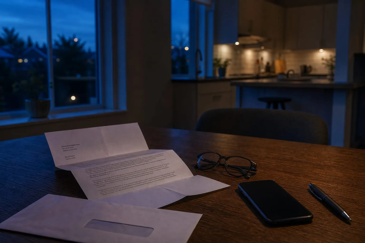 An opened data breach notification letter on a kitchen table beside reading glasses, a cell phone, and a pen, with a plain envelope showing a mailing window