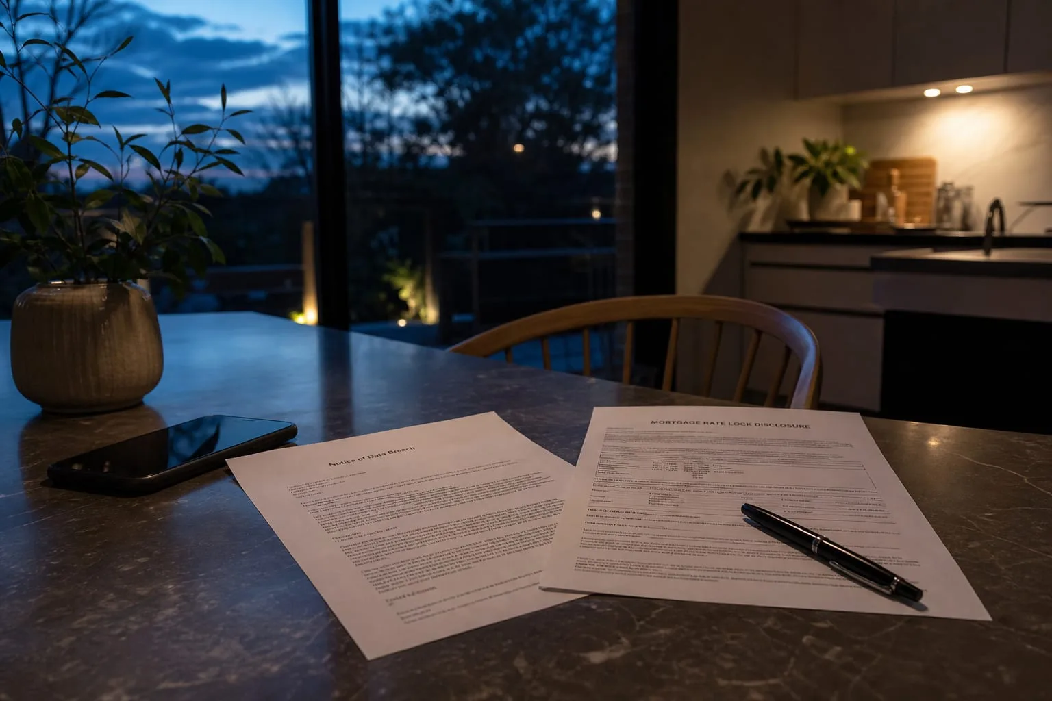 A breach notification letter and a mortgage rate lock disclosure lying side by side on a kitchen table next to a phone and a pen