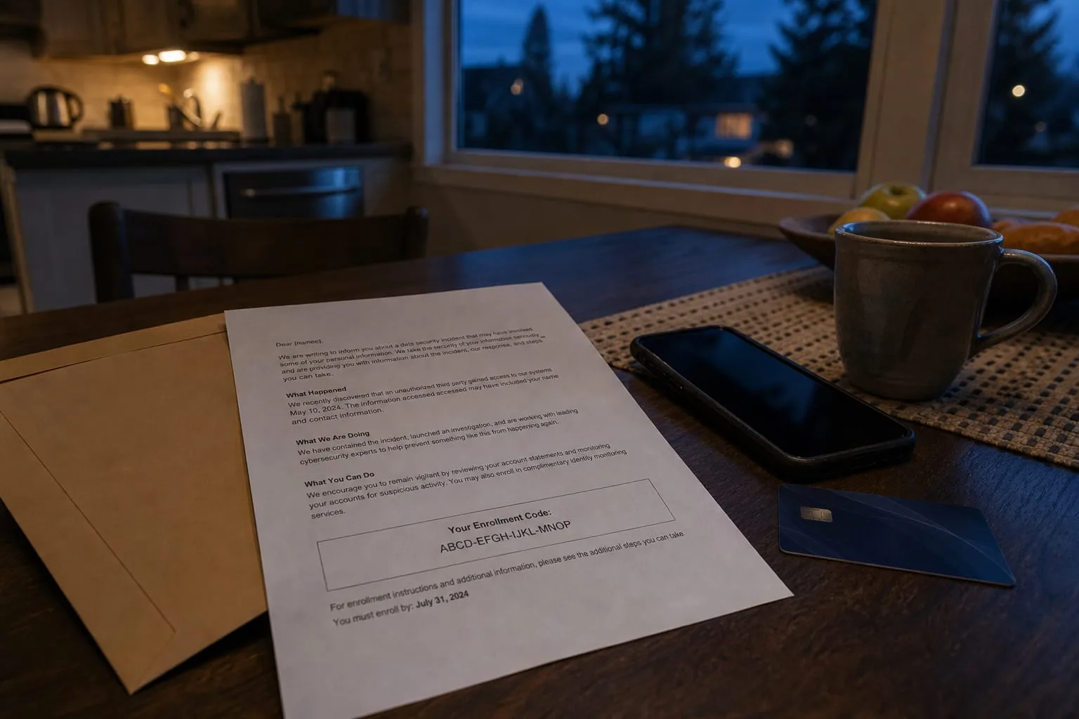 A printed data breach notification letter with an enrollment code on a kitchen table beside a manila folder, a smartphone, and a bank card