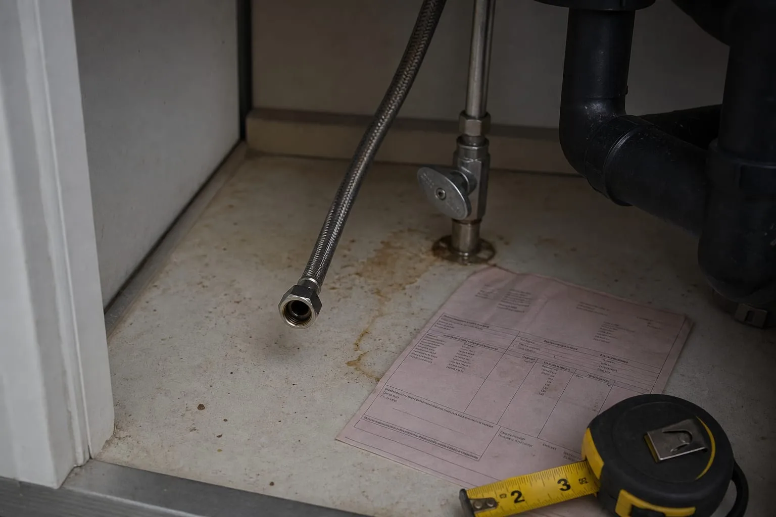A braided stainless steel water supply line under a kitchen sink, disconnected, with a shutoff valve and a stained cabinet base beside a plumber's invoice an...