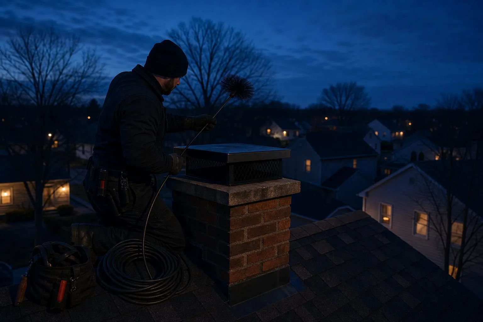 A chimney technician on a residential roof beside a brick chimney with a metal chase cover, holding a flexible rod brush, with a camera cable coiled nearby
