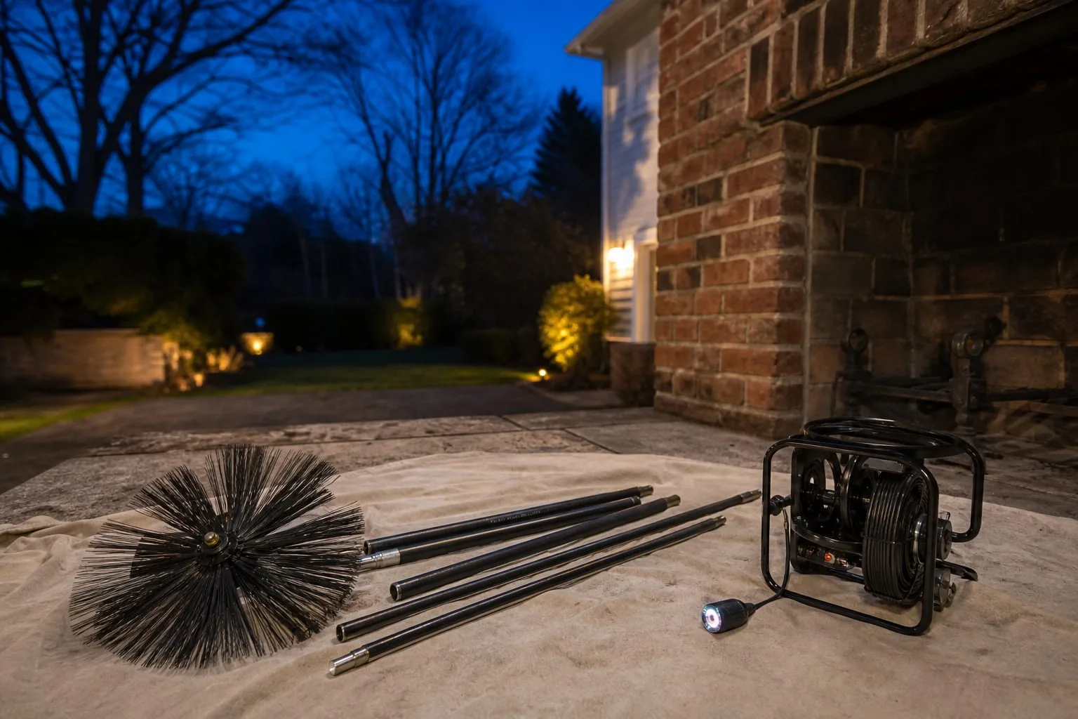 A chimney sweep's rotary brush head, rod sections and inspection camera reel laid out on a drop cloth beside a brick fireplace hearth