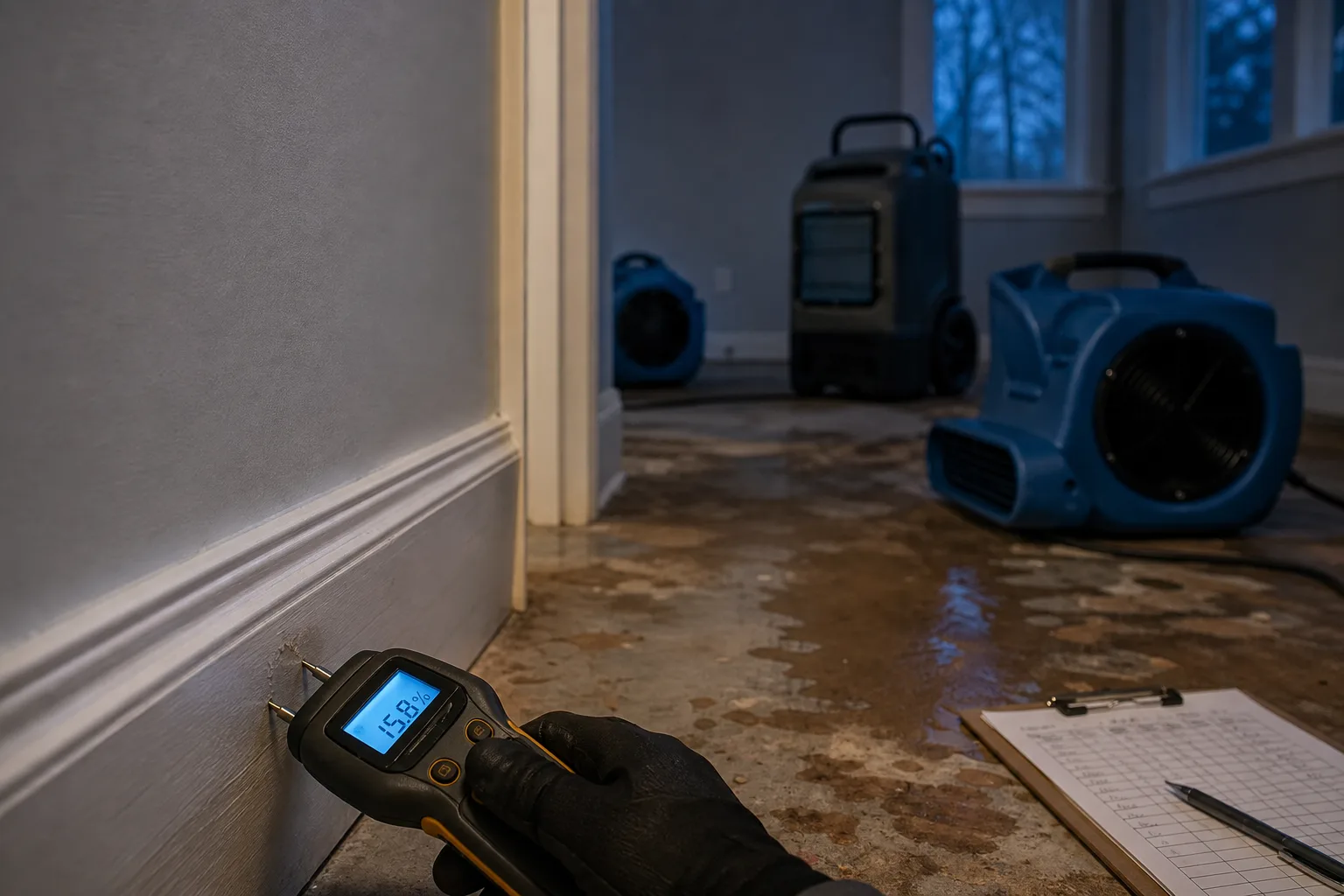 A technician's pin-type moisture meter pressed against a baseboard in a bare room, with air movers and a dehumidifier running on the subfloor behind it and a...