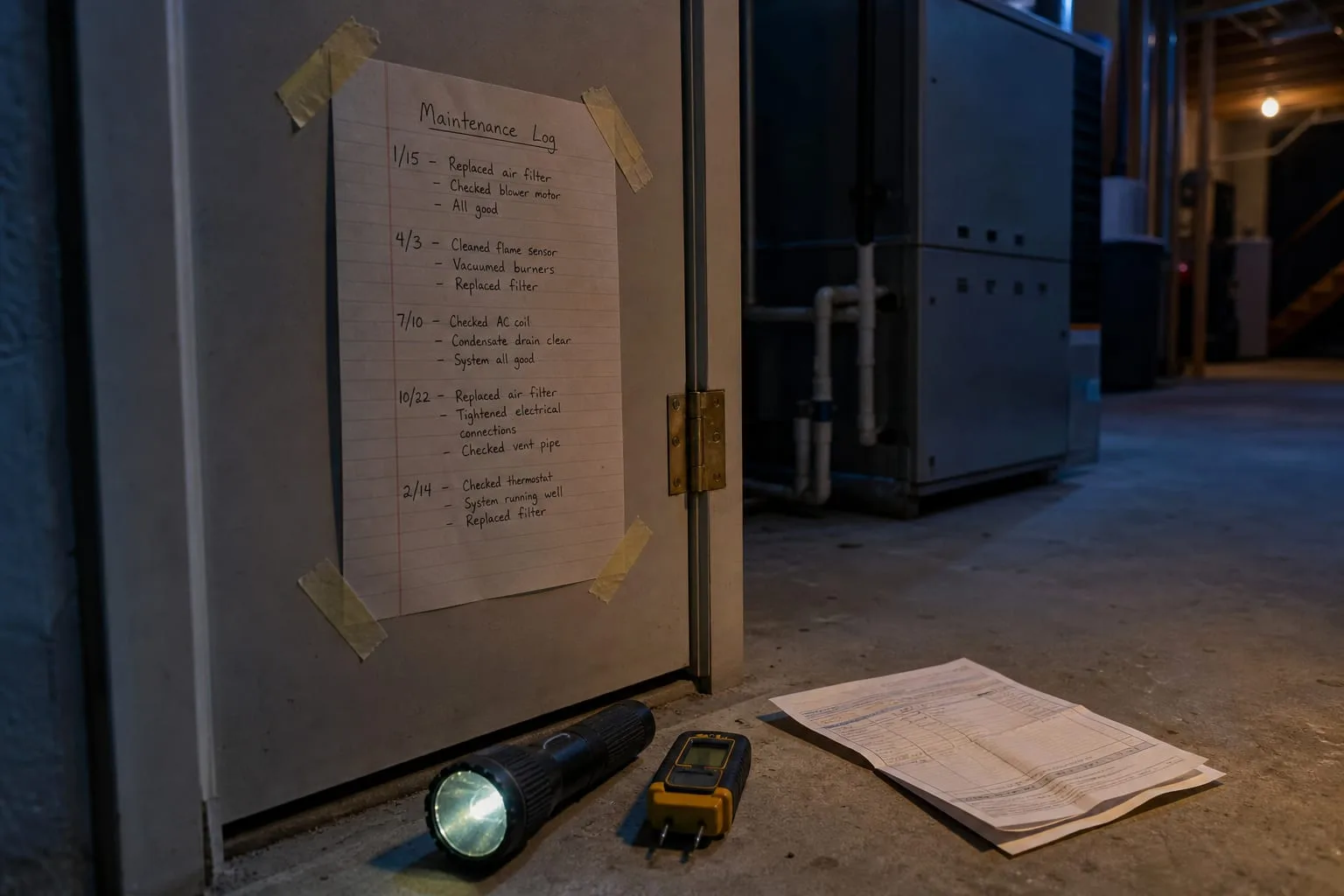 A single-page handwritten maintenance log taped inside a basement utility door beside a furnace, with a flashlight, a small moisture meter and a folded servi...