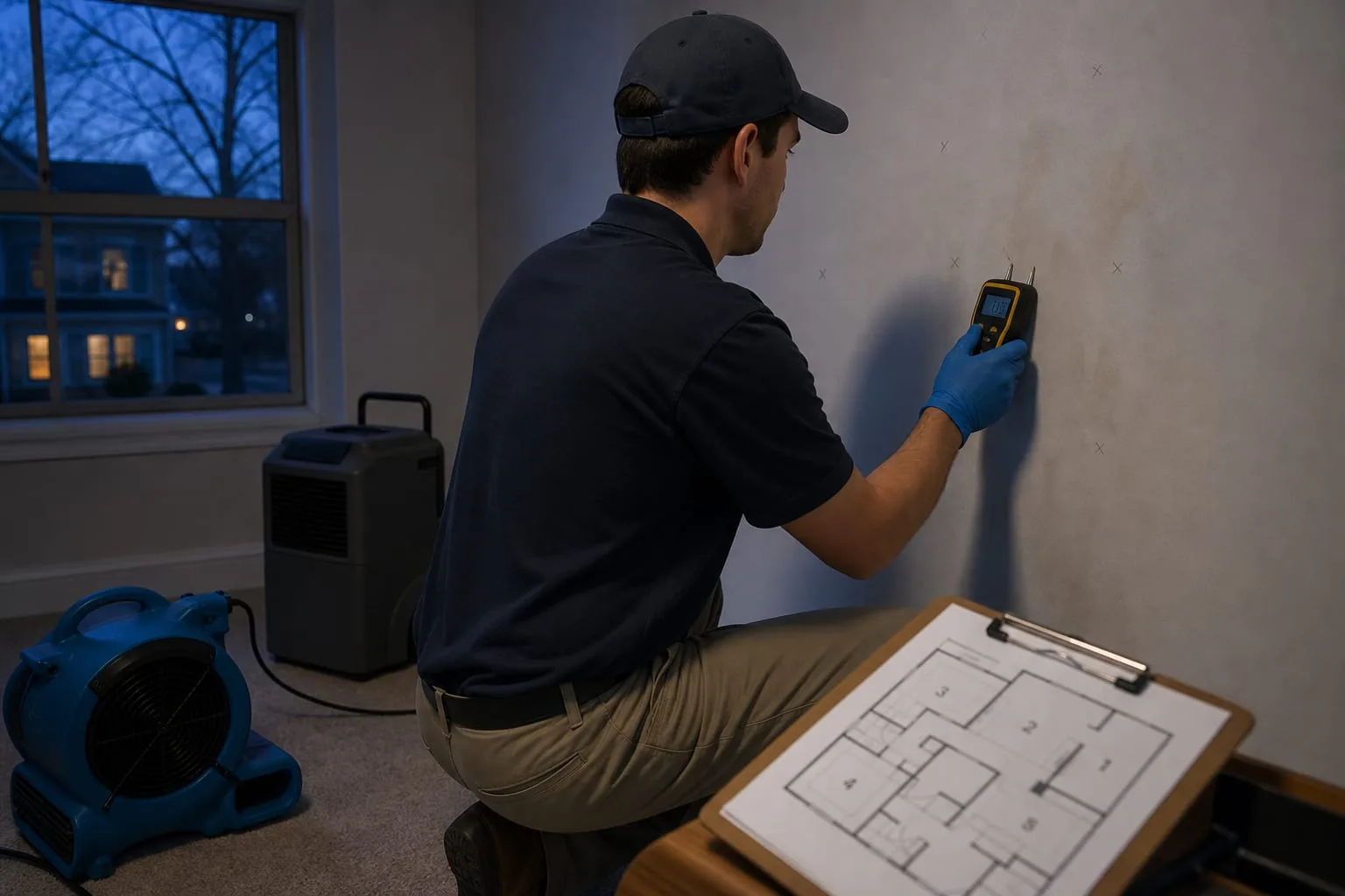 A restoration technician holding a pin-type moisture meter against a marked point on a drywall wall in a residential room, with an air mover and a dehumidifi...