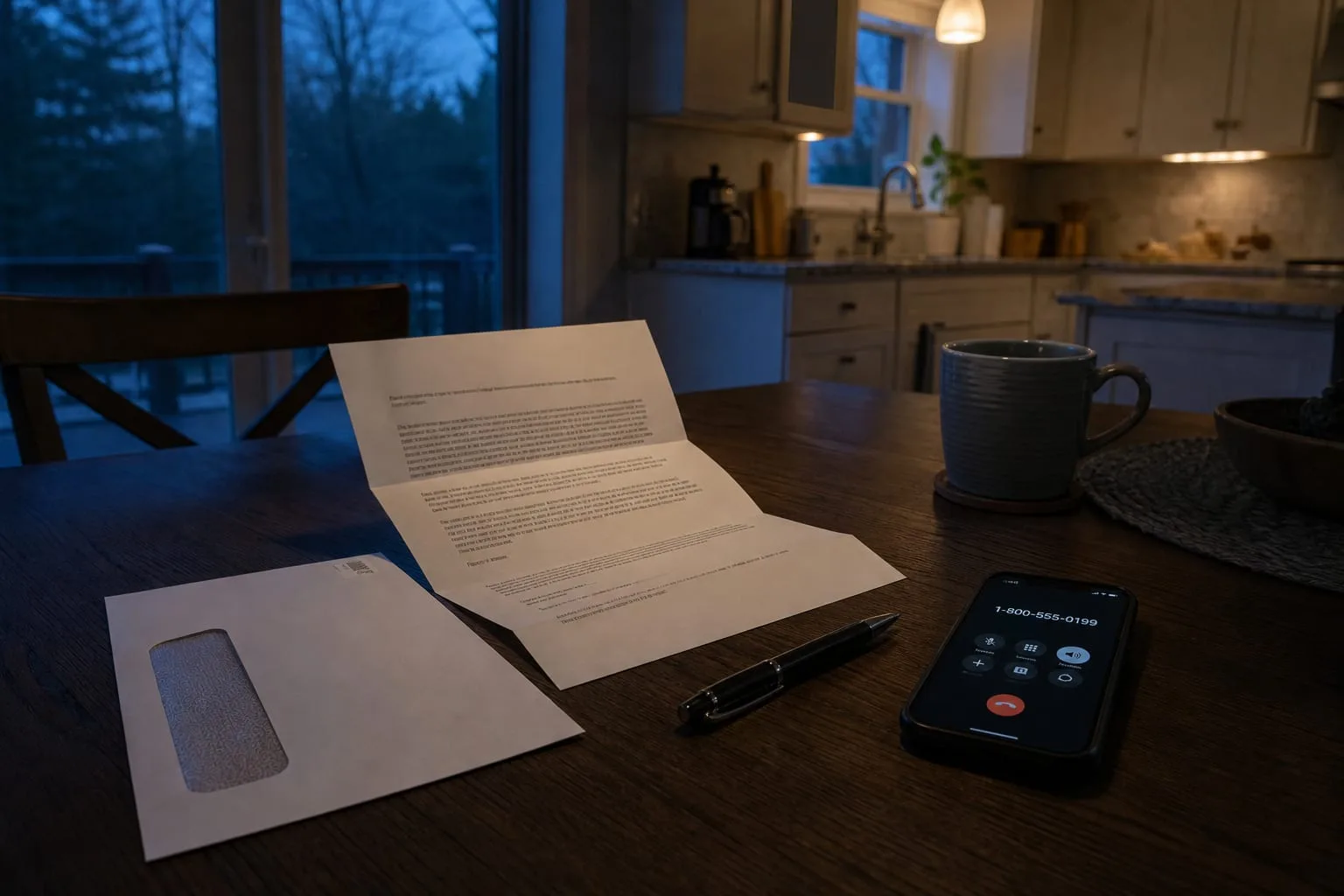 An opened breach notification letter on plain paper resting on a kitchen table beside its envelope, a pen, and a phone showing a dialed toll-free number