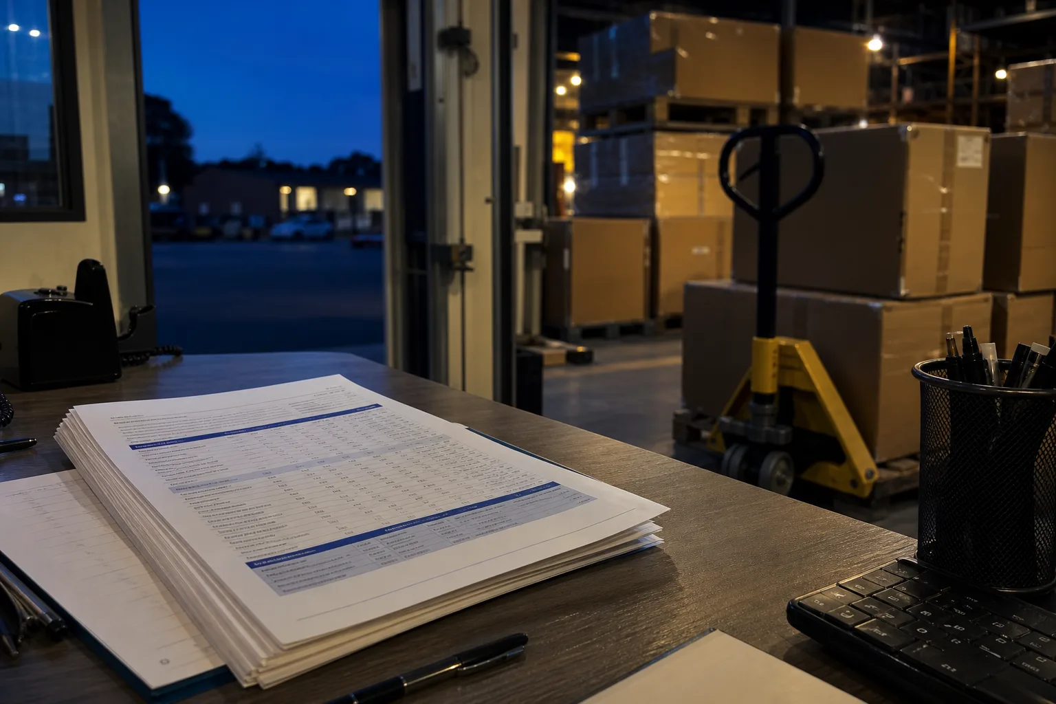 A printed multi-page fulfillment services rate sheet on a warehouse office desk, beside a pallet jack and stacked shipping cartons