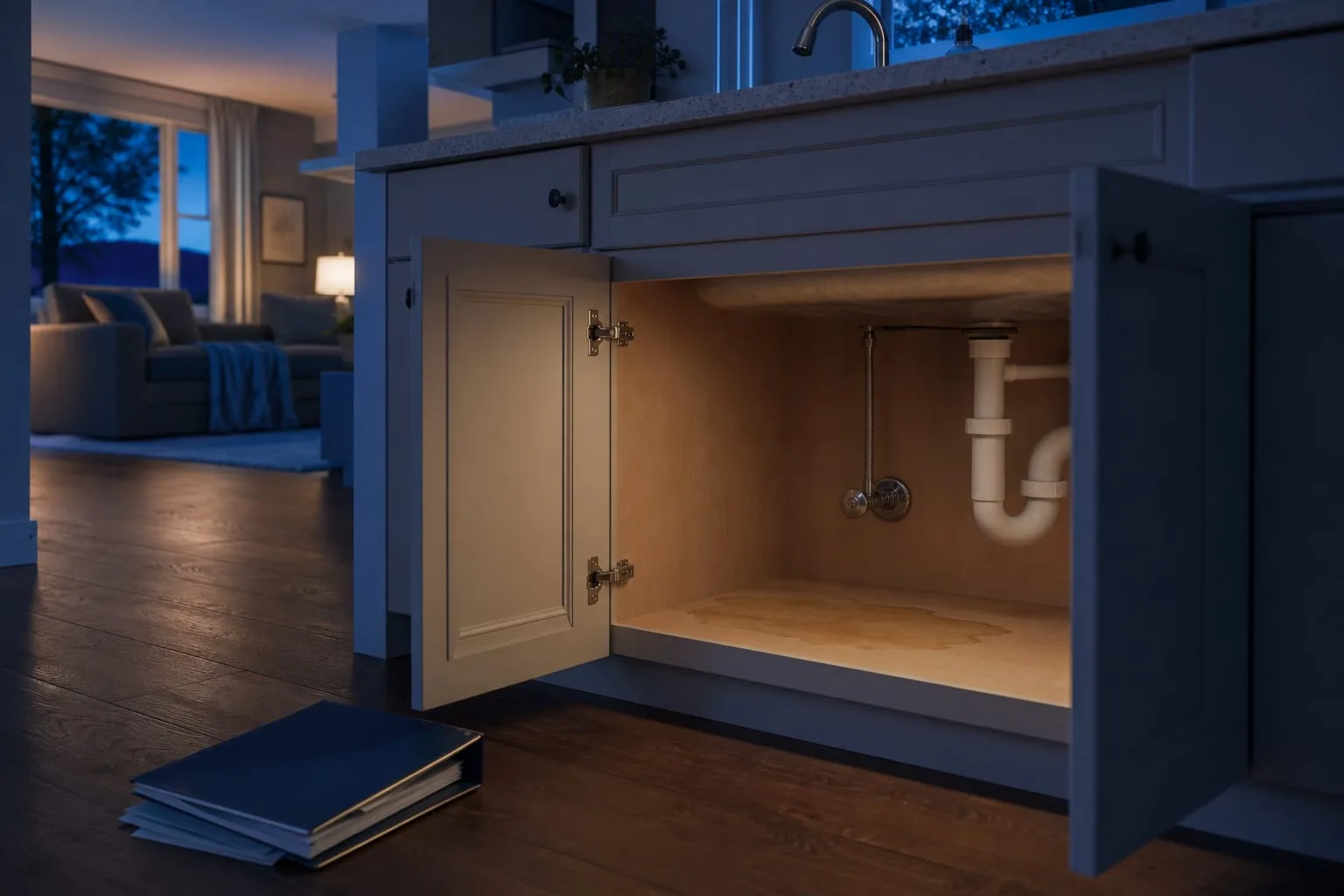 A kitchen sink base cabinet standing open, showing a supply line, a shutoff valve, and a shallow water stain on the cabinet floor, with a folder of appliance...