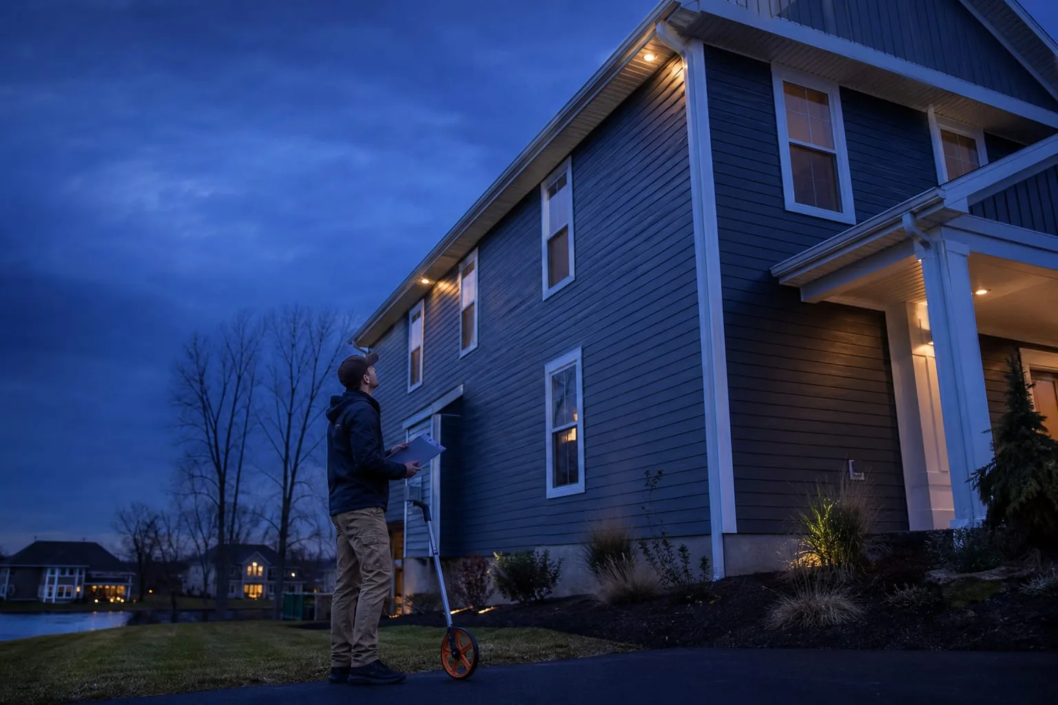 A person standing at the base of a two-story house holding a measuring wheel and a clipboard, looking up toward the gutter line along the roof edge