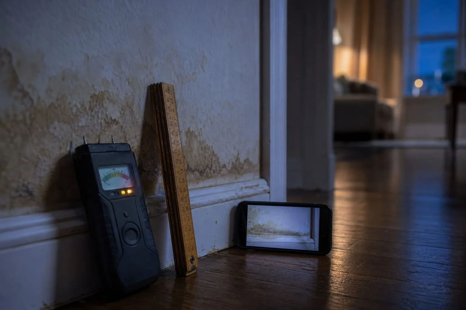 A pinless moisture meter and a folding ruler resting against a water-stained baseboard in a residential hallway, with a phone propped nearby showing the same...