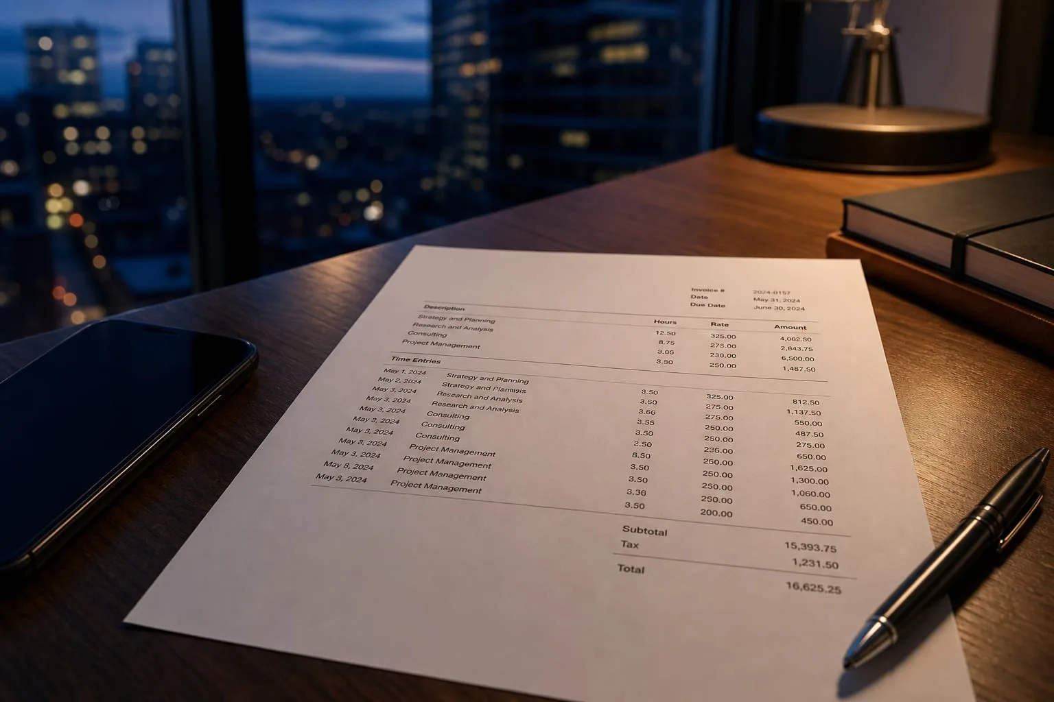 A detailed professional services invoice on a desk beside a phone and a pen, with time entries and line items visible