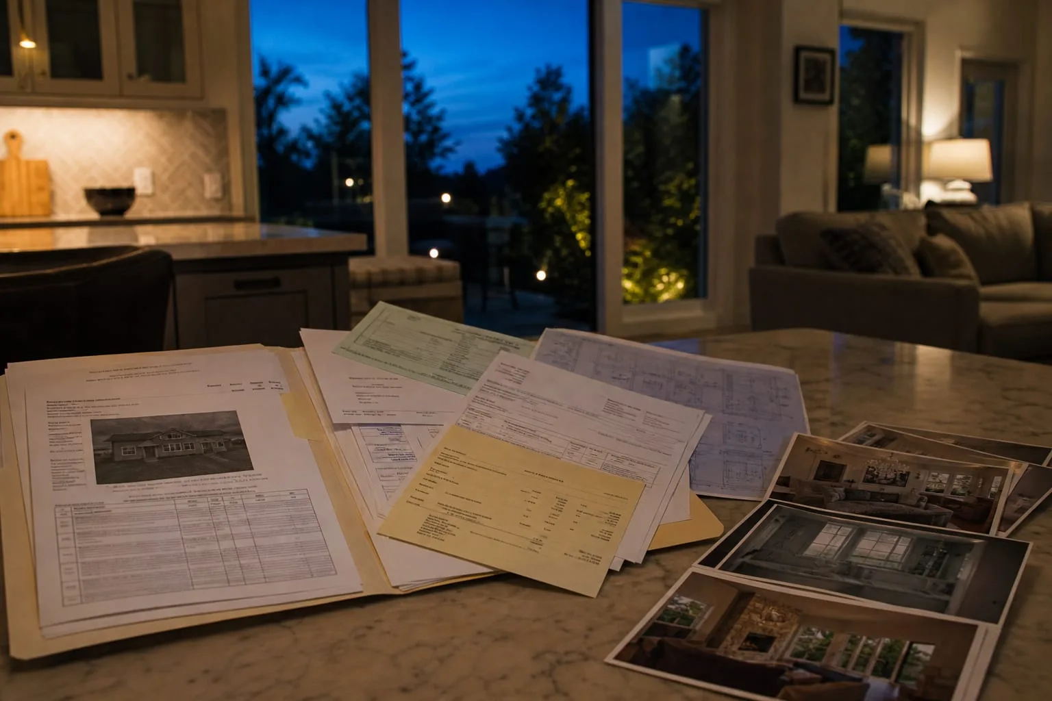 A homeowner's file folder open on a kitchen table holding a dated insurance valuation printout, building permits, contractor invoices and printed photographs...
