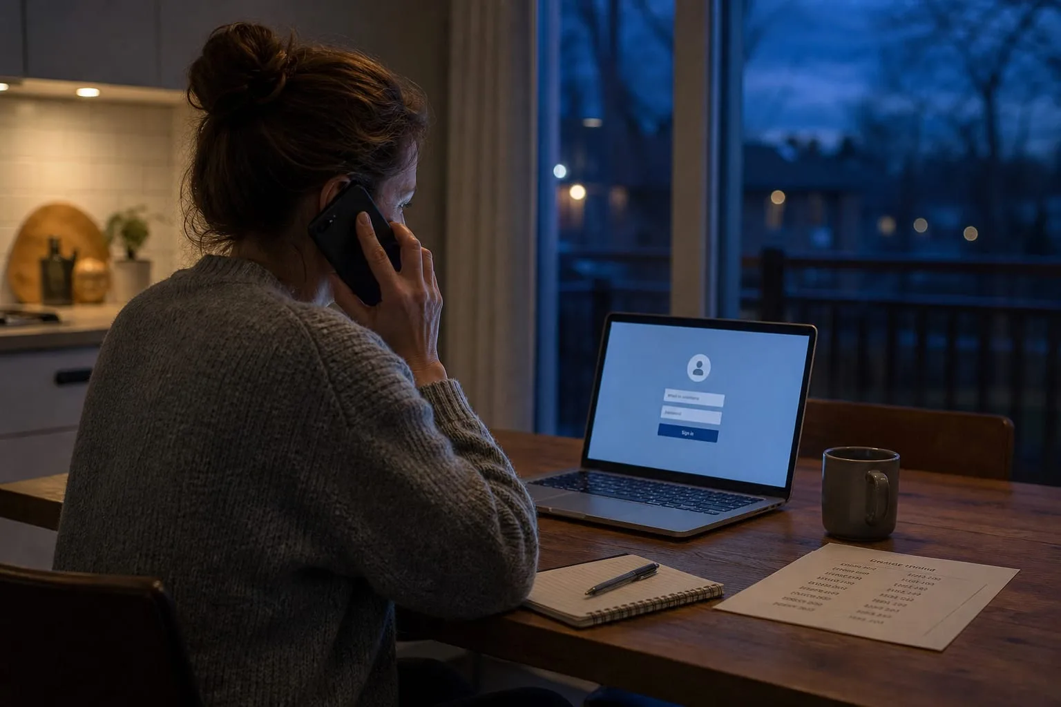 A person at a kitchen table holding a phone to their ear while looking at a laptop screen showing an account login page, with a small paper notebook and a pr...