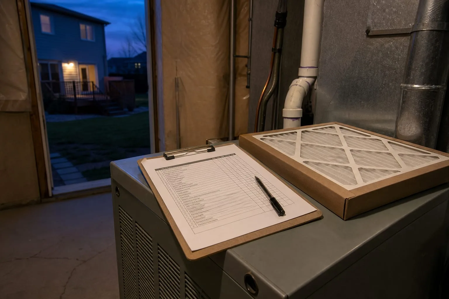A clipboard with a printed maintenance checklist resting on the top of a residential furnace beside a new pleated air filter still in its cardboard frame
