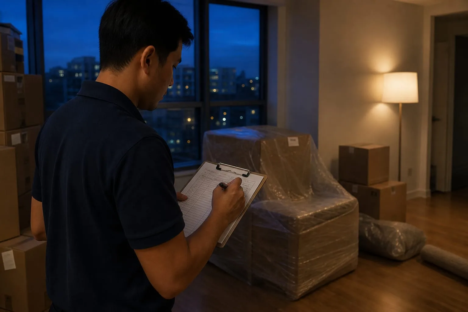 A moving crew member writing exception codes on a paper inventory sheet attached to a clipboard, with wrapped furniture and labeled cartons behind them in a...