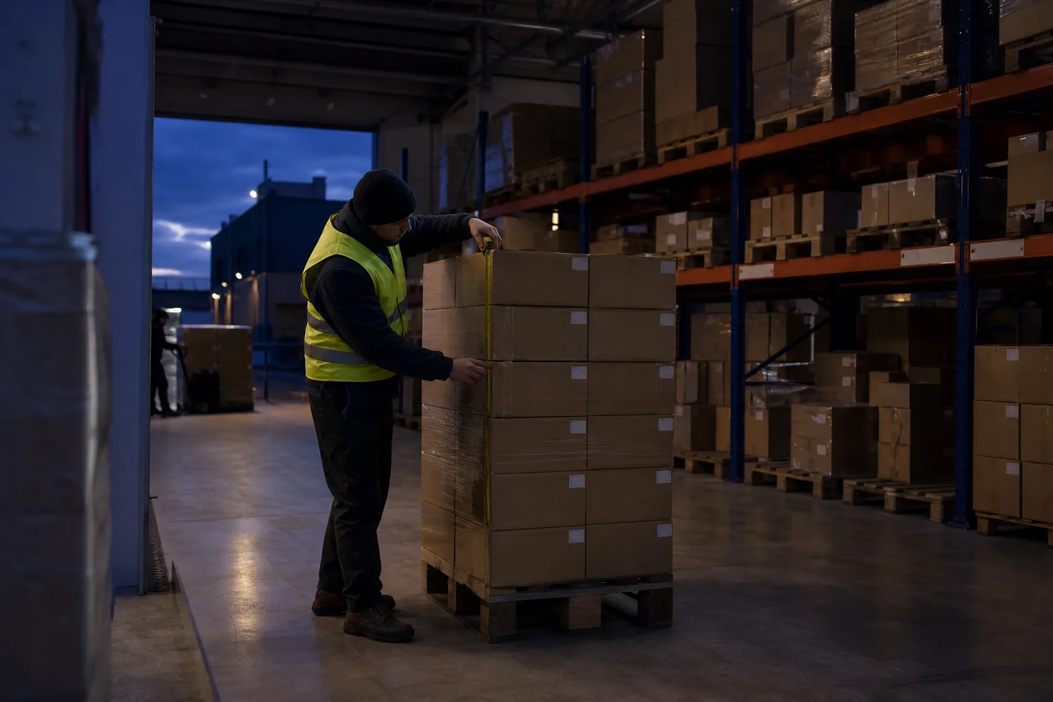A worker in a shared warehouse measuring a stacked pallet of cartons with a tape measure, shelving racks and labeled shipping boxes behind them