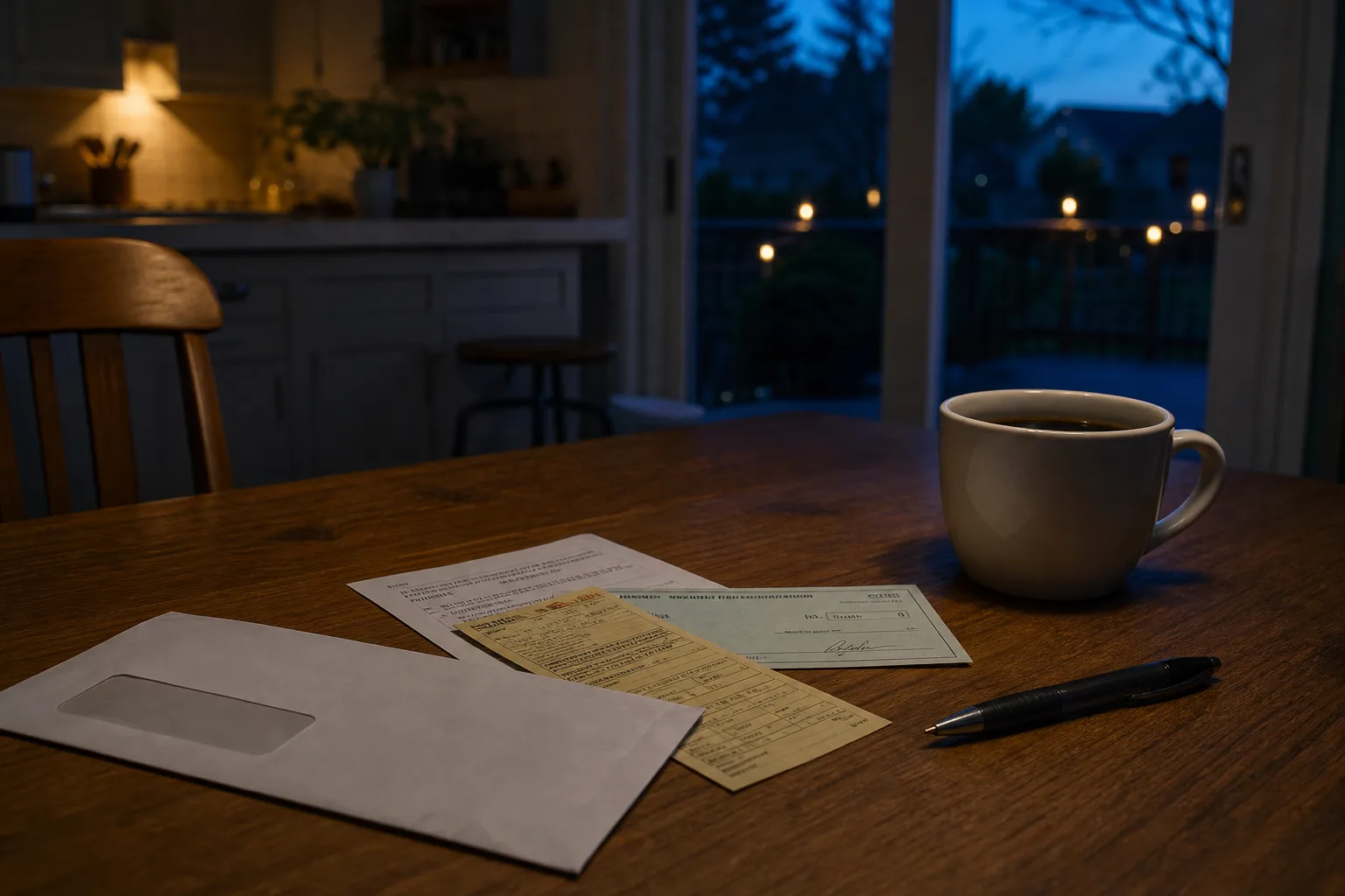 A kitchen table with an unopened court summons envelope, a traffic citation, a settlement check, and a ballpoint pen resting beside a coffee cup