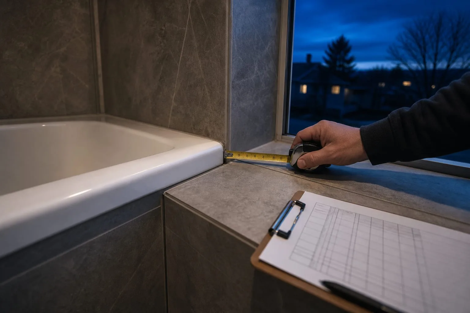 A steel tape measure held against the gap between a bathtub deck and a tiled surround, with a clipboard inspection sheet resting nearby