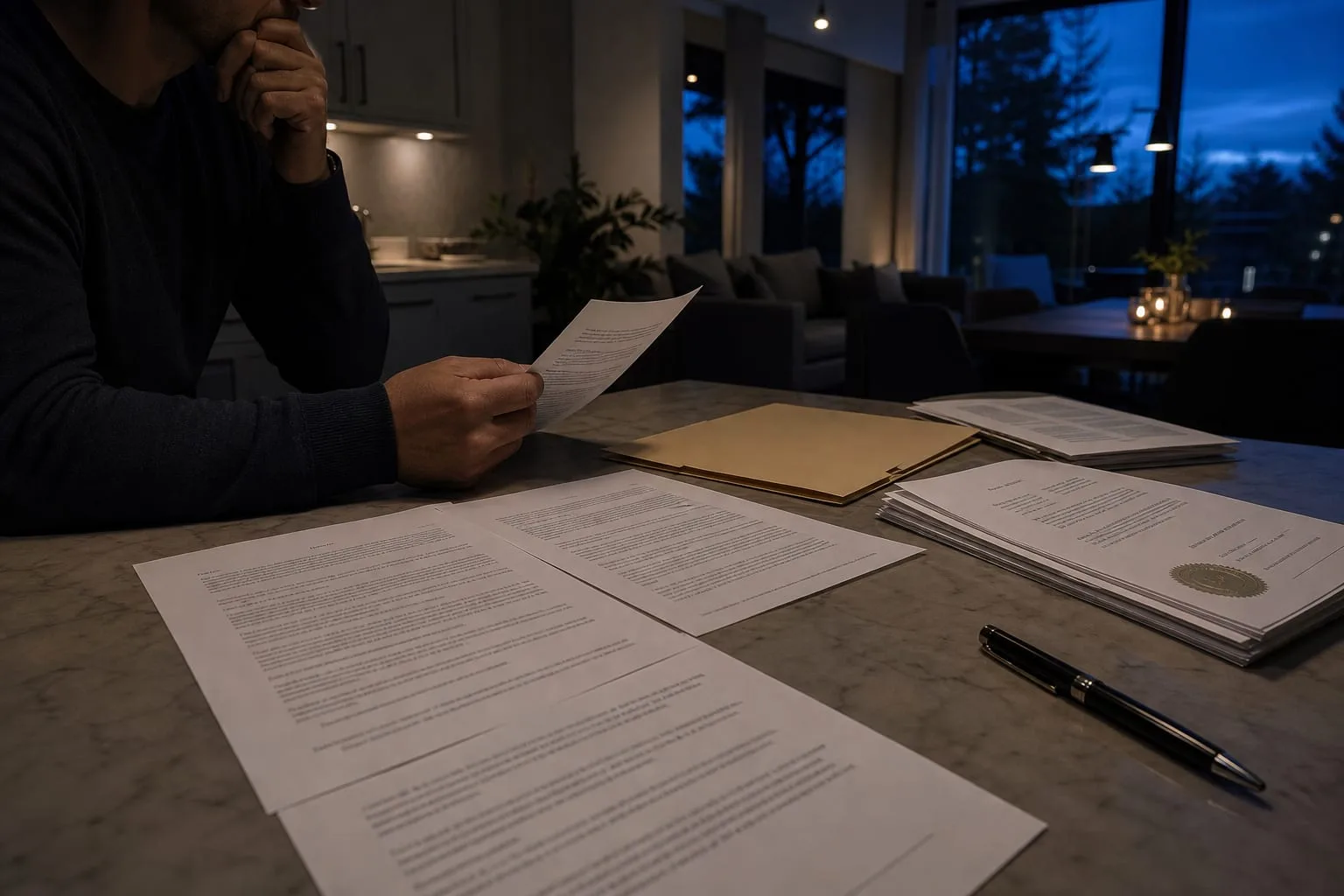 A three-page legal engagement letter spread across a kitchen table beside a manila folder, bank statements, a set of certified court copies with an embossed...