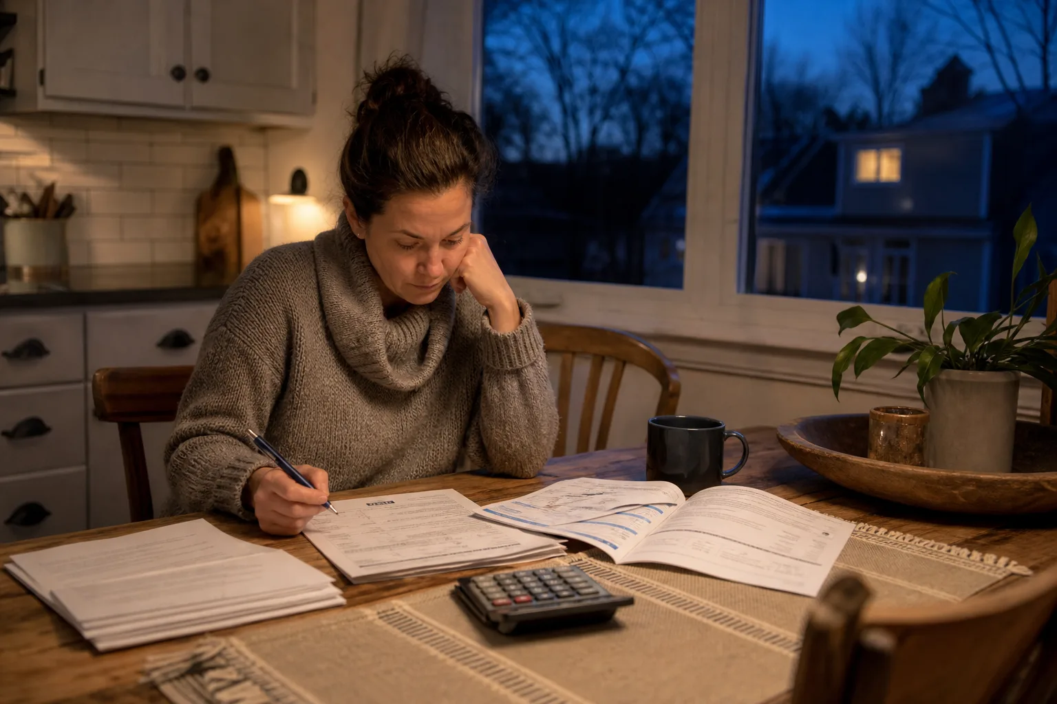 A homeowner at a kitchen table in winter with an insurance renewal packet open beside a contractor's written estimate and a calculator
