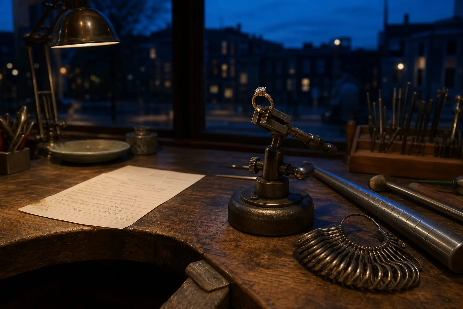 A jeweler's workbench with a gold ring held in a ring clamp, steel finger gauges and a sizing mandrel beside it, and a handwritten repair intake ticket on th...
