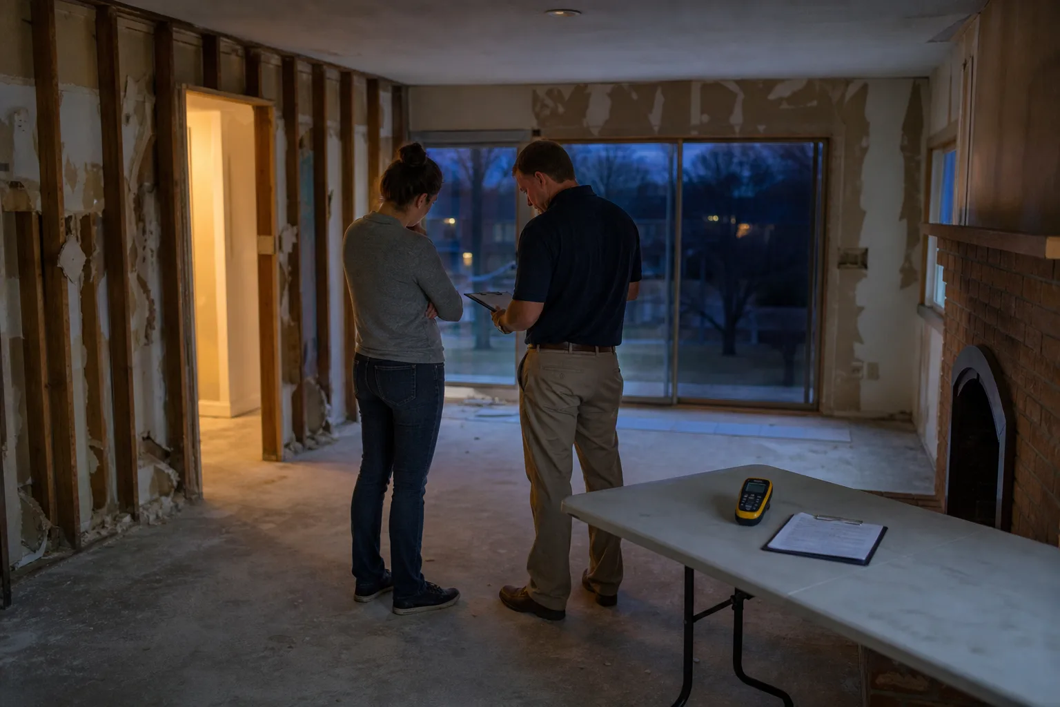 A homeowner and an insurance adjuster standing in a partially gutted living room with exposed drywall and a moisture meter resting on a folding table beside...
