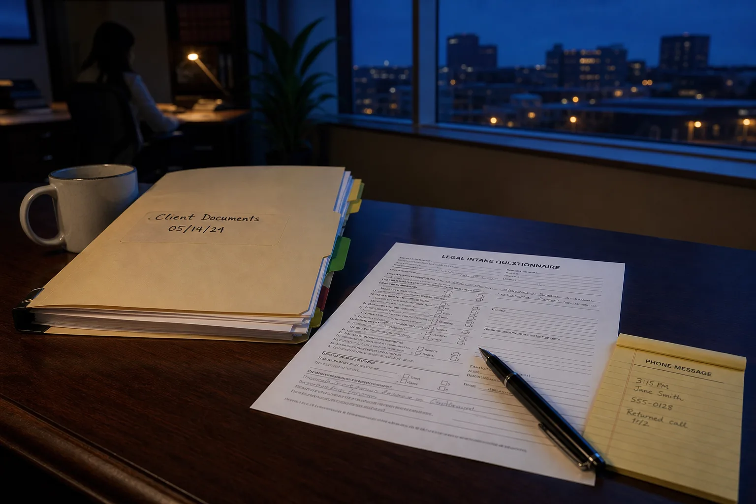 A completed printed legal intake questionnaire on a desk beside a labeled folder of dated documents, a phone message pad, and a pen