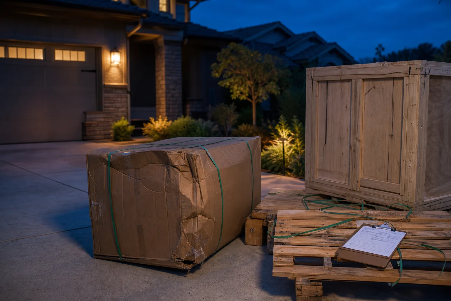 A crushed corner of a large cardboard shipping carton on a residential driveway beside a wooden crate and a pallet with cut banding, a clipboard with a deliv...