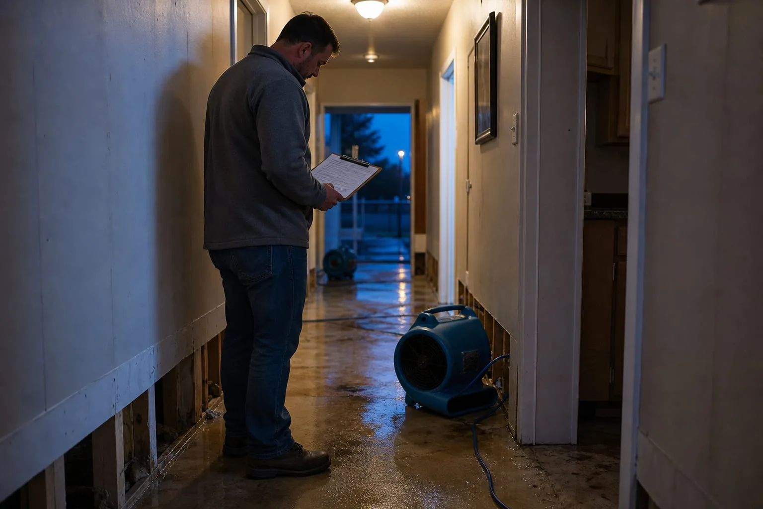 A homeowner standing in a wet hallway beside a running air mover, holding a clipboard with a work authorization form, baseboards removed and drywall cut a fo...