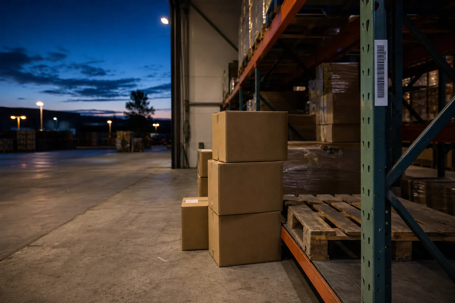 A small stack of printed shipping cartons and a half-empty wooden pallet in a racked warehouse aisle, with a location barcode label visible on the rack upright