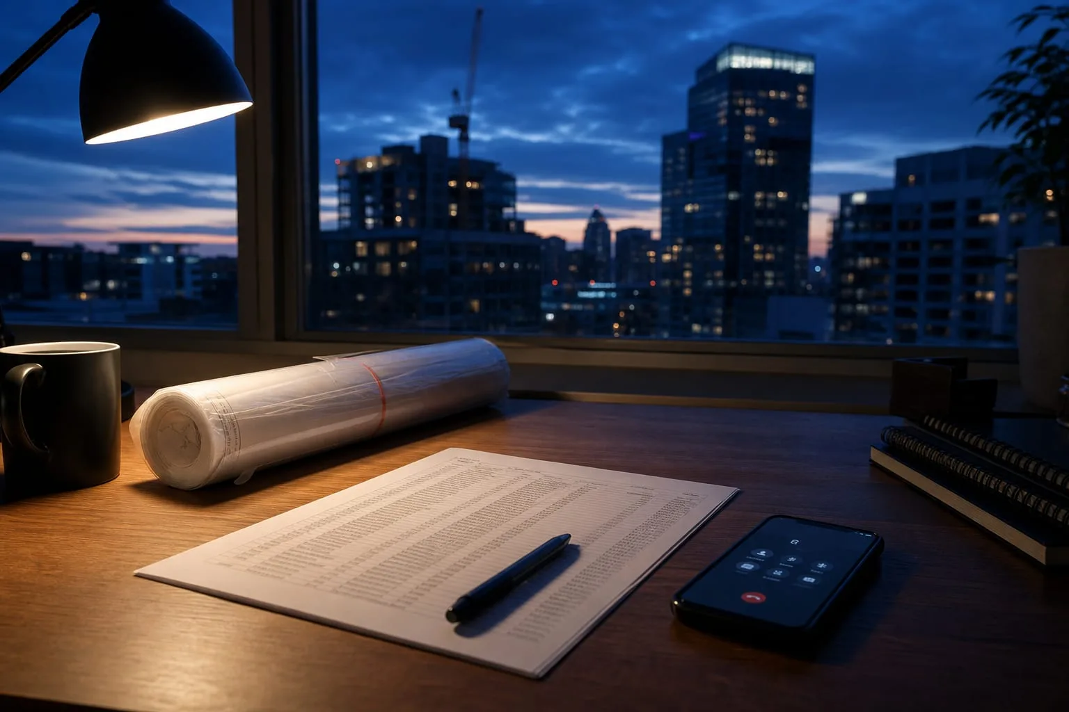 A desk with an engineer's sealed drawing set, a printed state license roster page, and a phone showing a call in progress