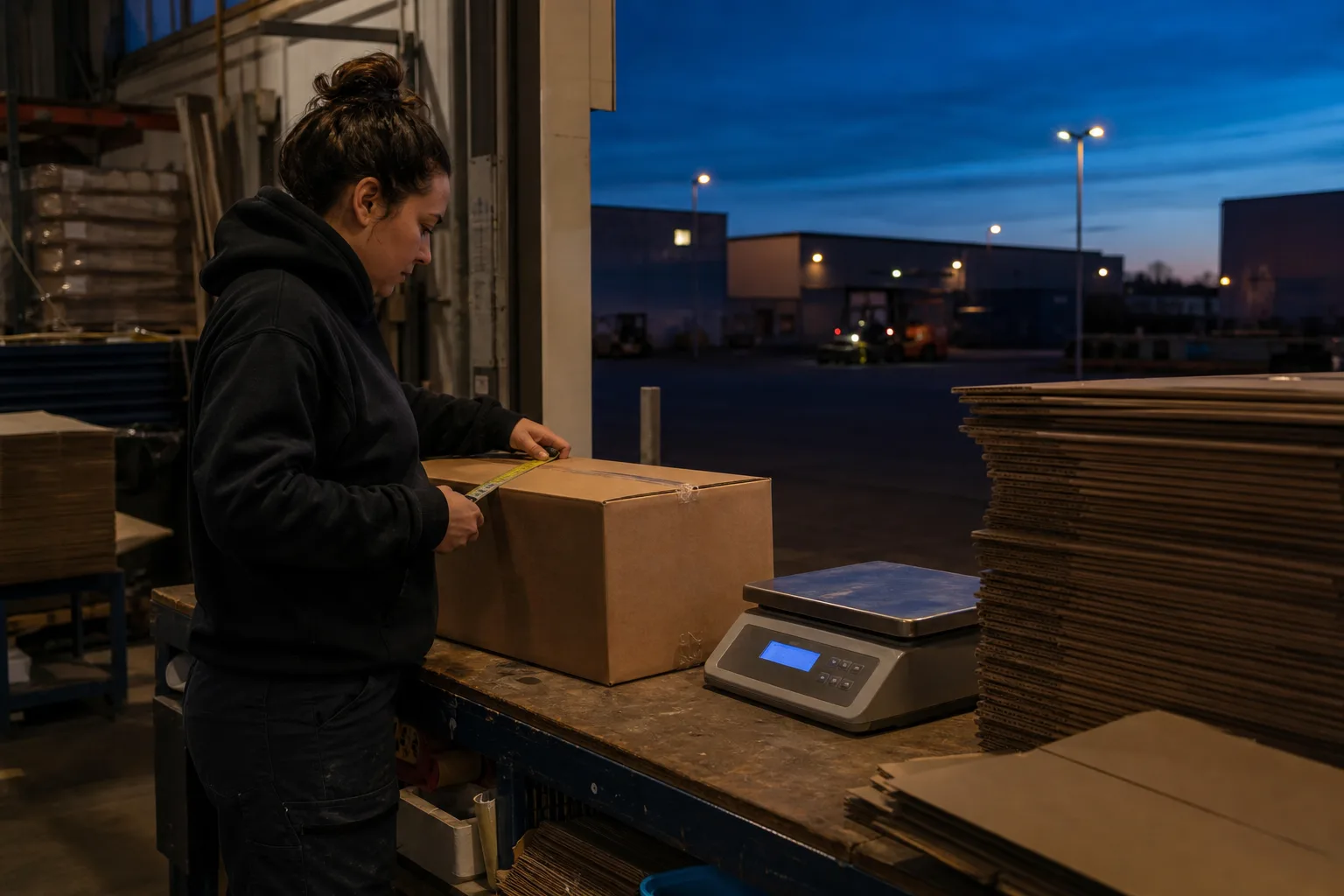 A worker at a warehouse packing bench measuring a corrugated shipping carton with a steel tape measure, a digital scale and stacked flat boxes beside them