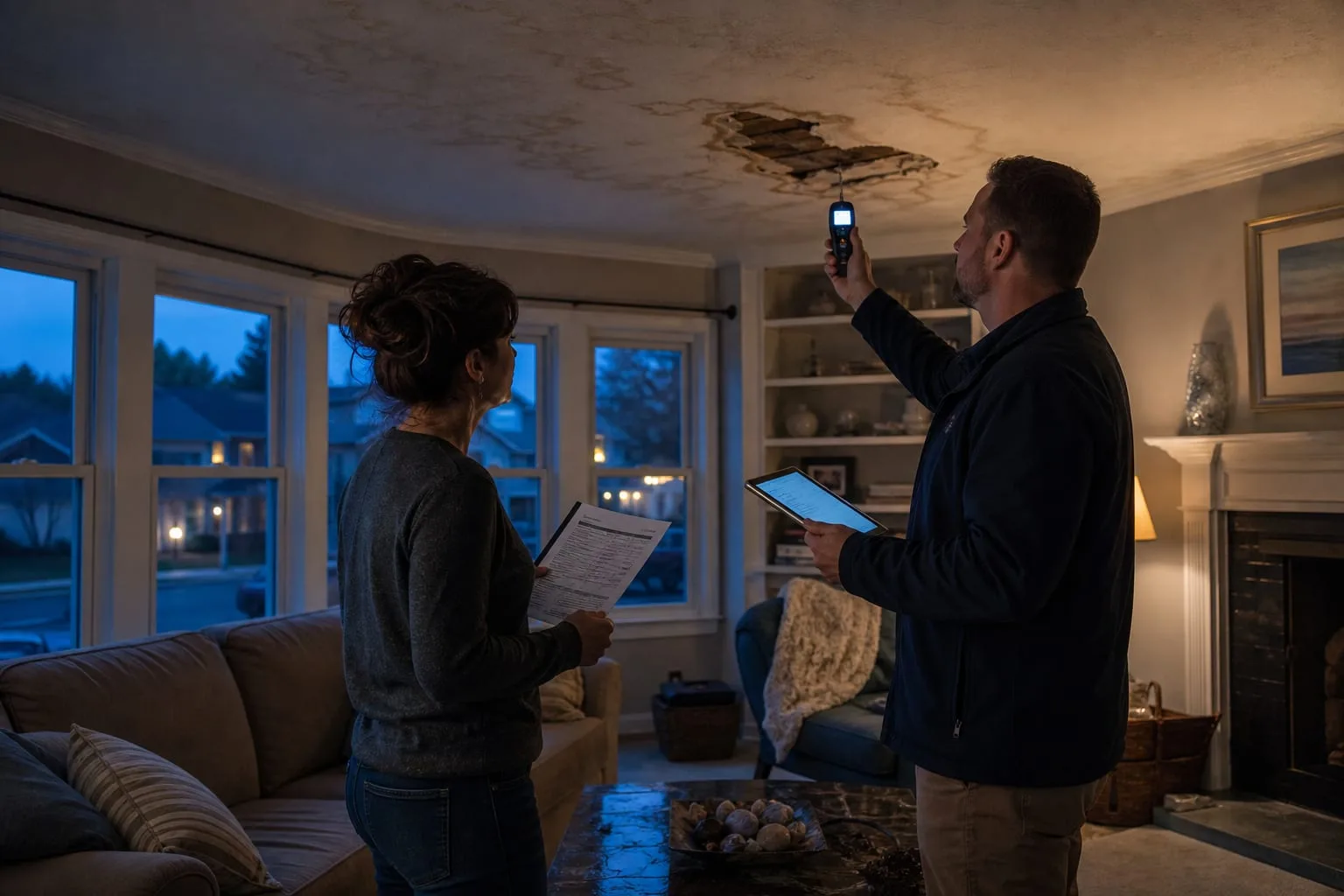 A homeowner and an adjuster standing in a damaged residential living room with a water-stained ceiling, the adjuster holding a tablet and a moisture meter wh...